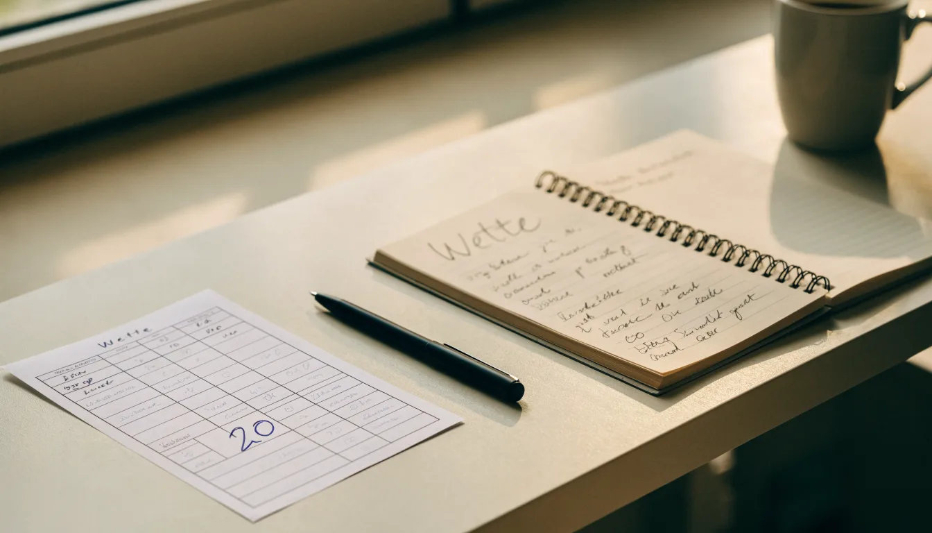 Ein leerer Papierwettschein und ein Kugelschreiber auf einer glatten Schreibtischplatte, daneben ein aufgeschlagenes Notizbuch mit handschriftlichen Notizen.