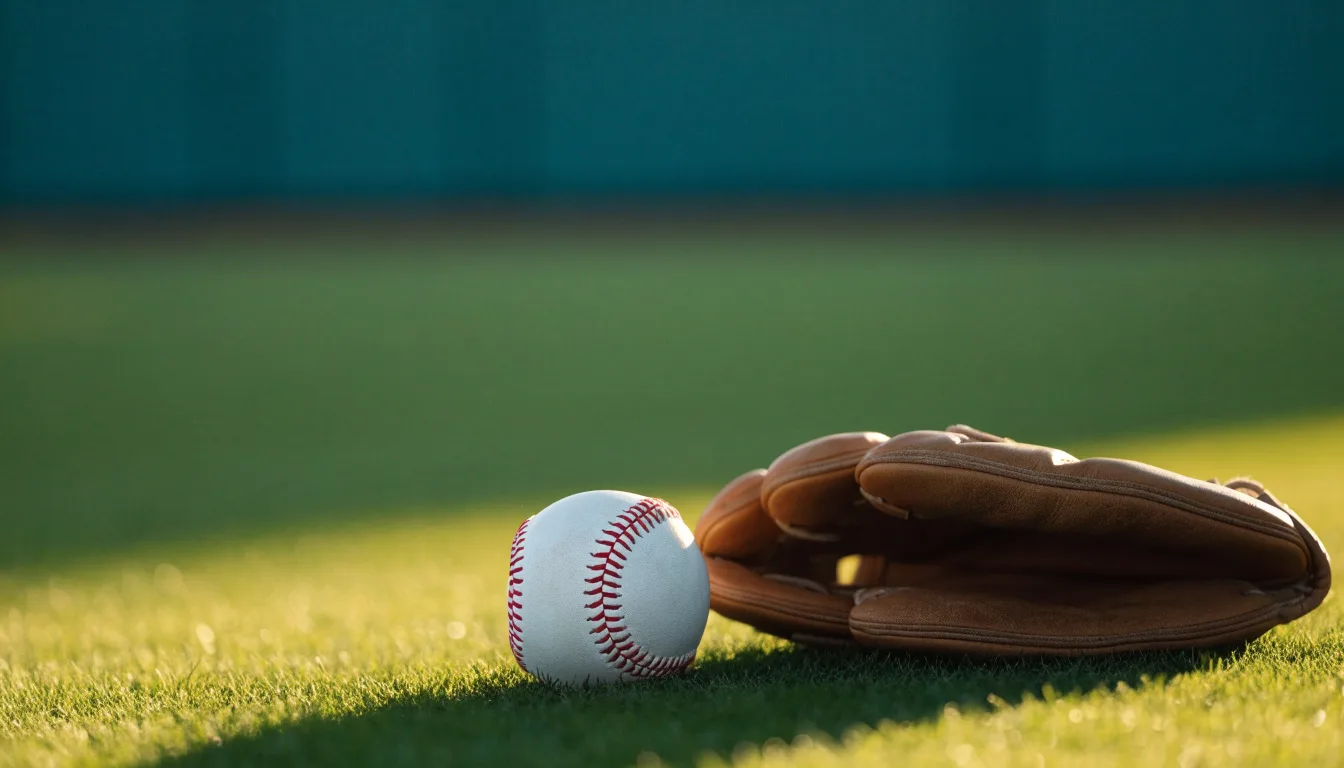 Ein weißer Baseball und ein Lederhandschuh liegen auf kurz geschnittenem Gras, im Hintergrund eine verschwommene Spielfeldbande.