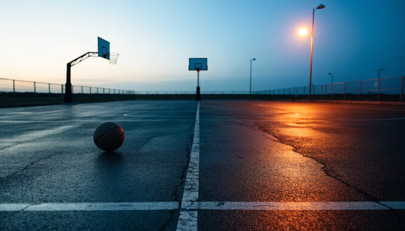 Ein Freiluft-Basketballplatz am Abend mit Asphalt, Linien und zwei Körben unter einer Straßenlaterne.