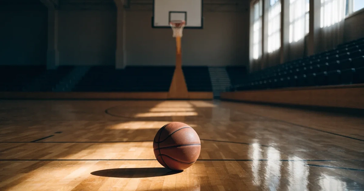 Ein Basketball liegt unter dem Korb auf dem Parkett einer leeren Sporthalle, Licht fällt durch hohe Fenster.