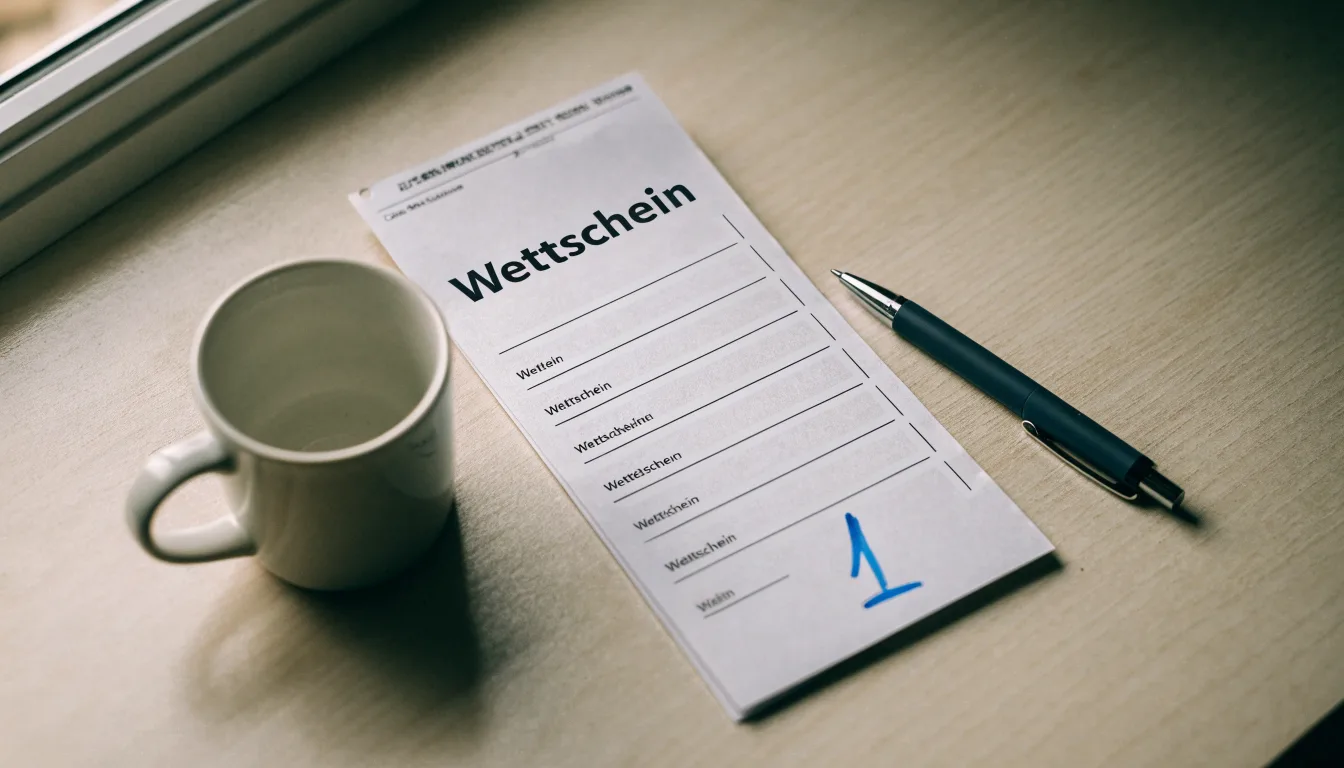 Ein leerer Wettschein aus Papier liegt neben einem Kugelschreiber und einer Tasse auf einem hellen Holztisch.