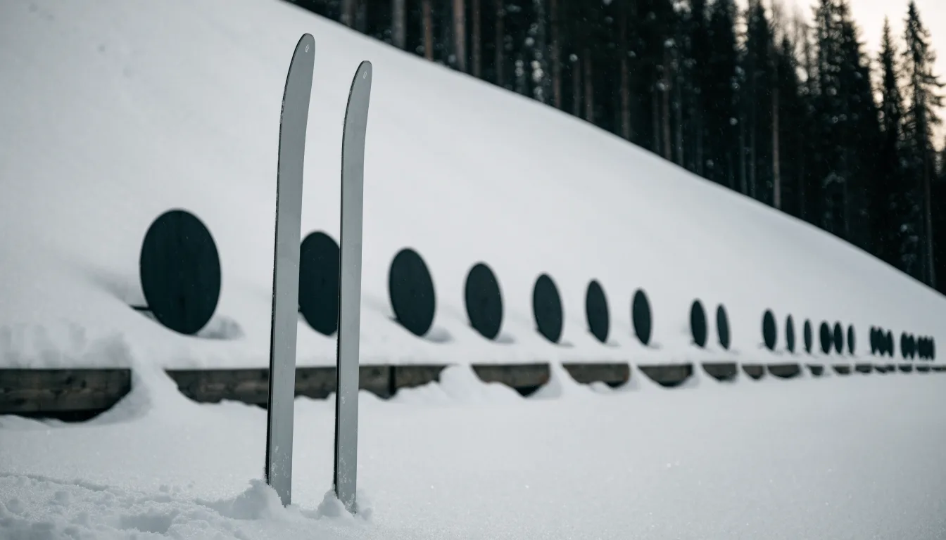 Ein Paar Langlaufskier steckt aufrecht im Schnee neben einem leeren Schießstand mit runden Zielscheiben, kaltes Winterlicht.