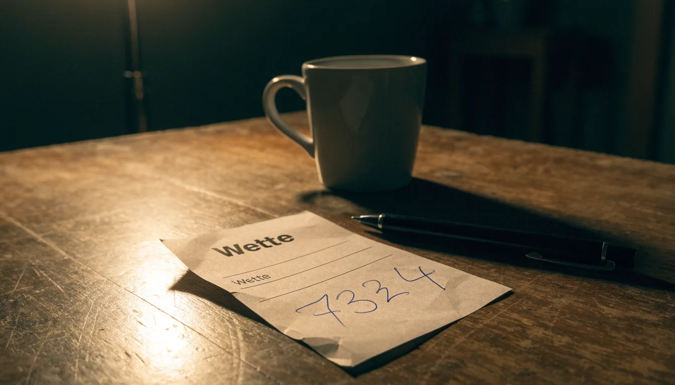 Ein leerer Papierwettschein und ein Kugelschreiber liegen auf einem Holztisch neben einer Tasse, warmes Licht einer Lampe.