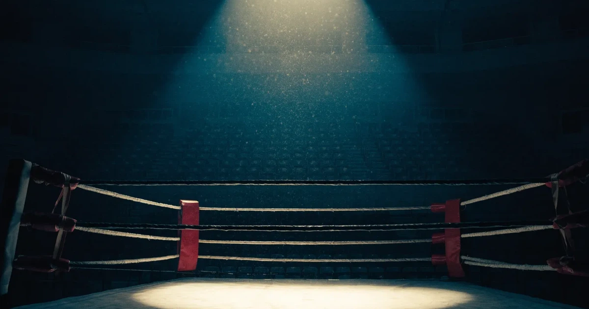 Ein Boxring mit gespannten Seilen in einer leeren Halle, ein einzelner Scheinwerfer leuchtet von oben auf die Ringmatte.