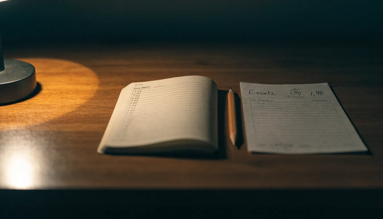 Ein Notizbuch mit handschriftlichen Notizen und ein Bleistift liegen neben einer Tischlampe auf einem Schreibtisch, ruhiges Abendlicht.