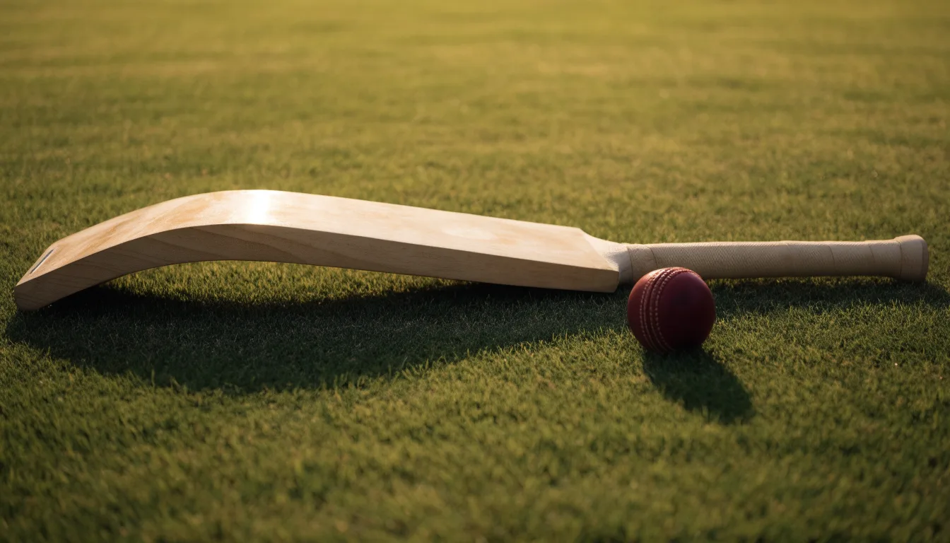 Ein Cricketschläger aus hellem Holz und ein roter Lederball liegen auf kurzem Rasen, weiches Abendlicht.