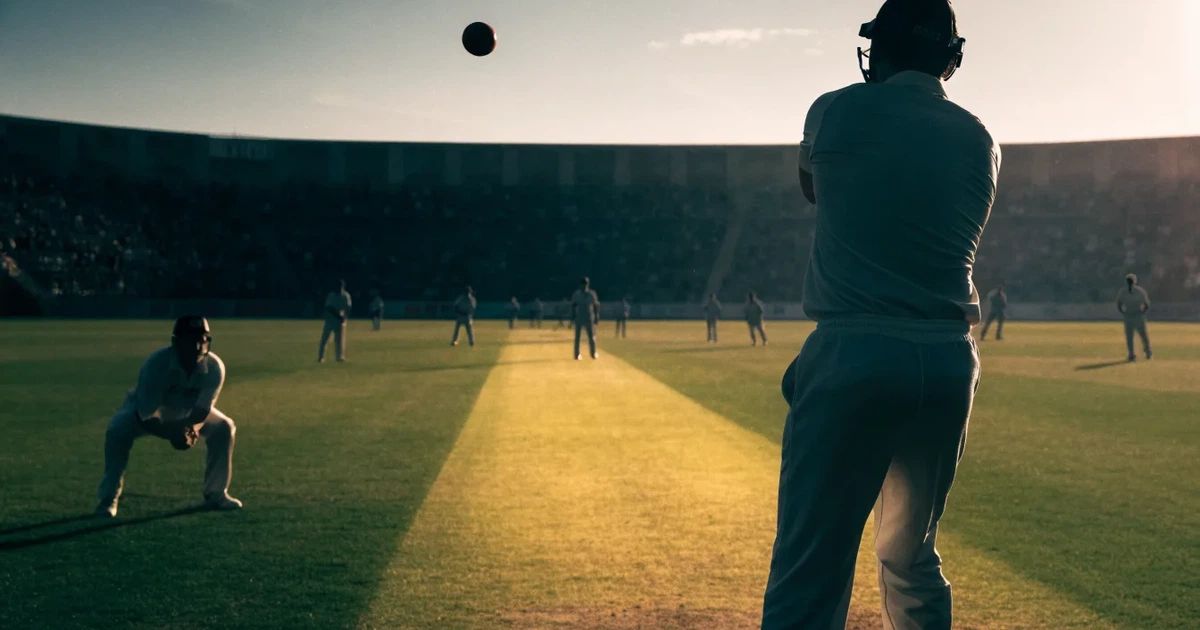 Ein weites grünes Cricketfeld mit einem hellen Streifen in der Mitte, tief stehende Sonne, im Hintergrund eine leere Tribüne.