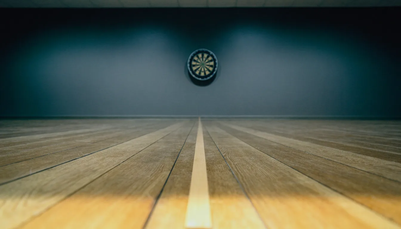 Eine Wurflinie aus Holz auf dem Hallenboden, im Hintergrund in der Ferne eine Dartscheibe an der Wand.