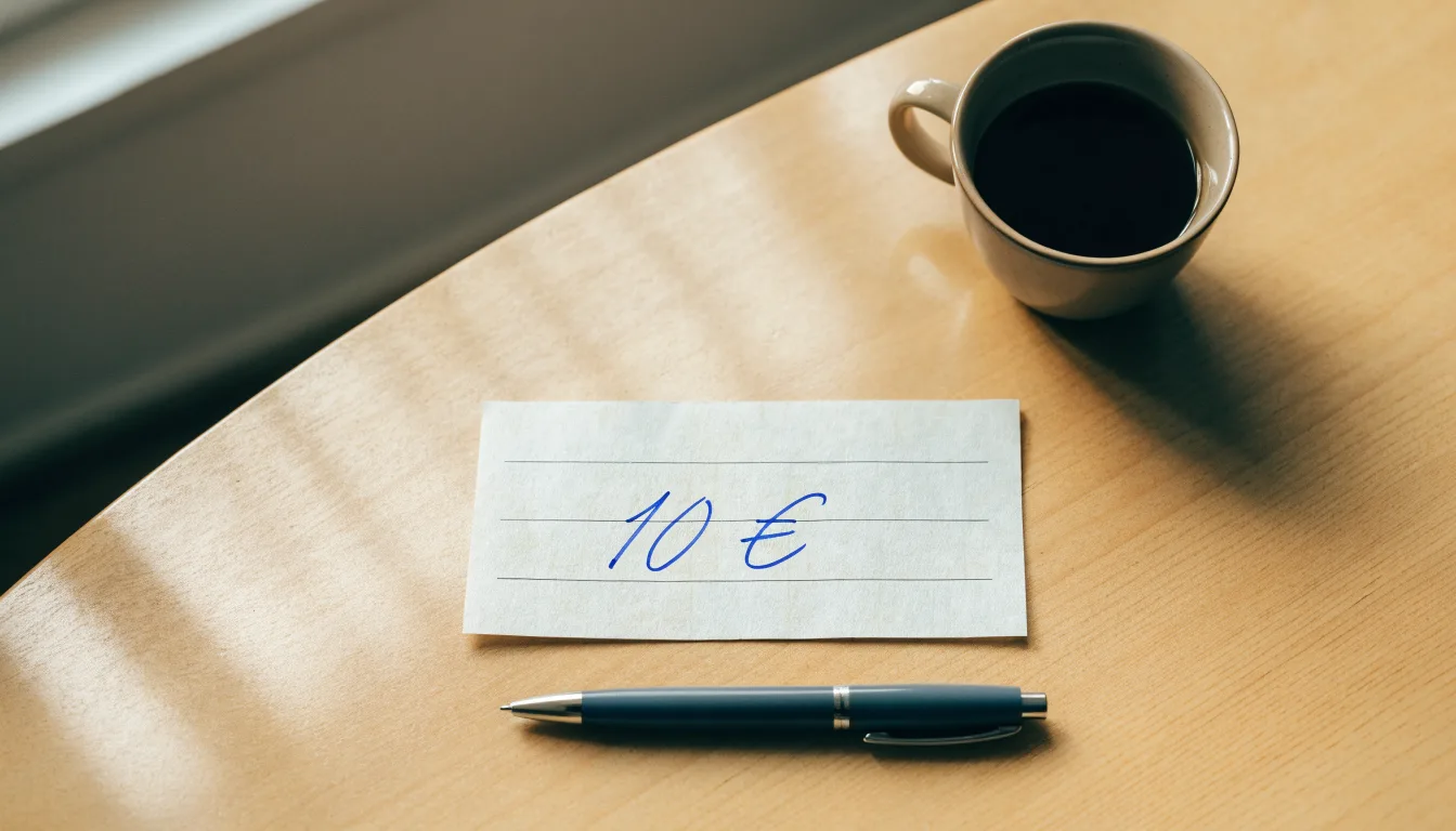 Ein leerer Wettschein aus Papier liegt neben einem Kugelschreiber und einer Tasse auf einem hellen Holztisch.
