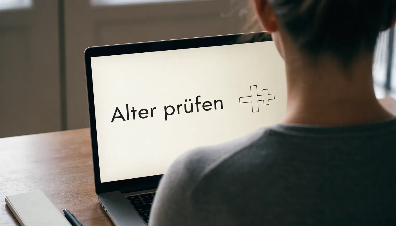 Eine kleine Messingwaage steht auf einem Holztisch vor einem Fenster, weiches Tageslicht, daneben ein leeres Glas.