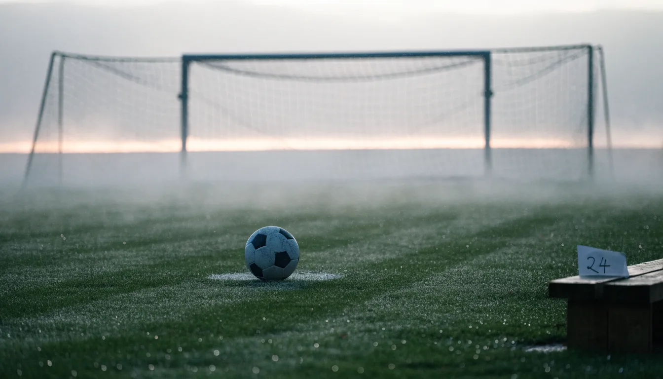 Ein Fußball liegt auf dem Elfmeterpunkt eines leeren Rasenplatzes, im Hintergrund unscharf ein Tor im Morgendunst.