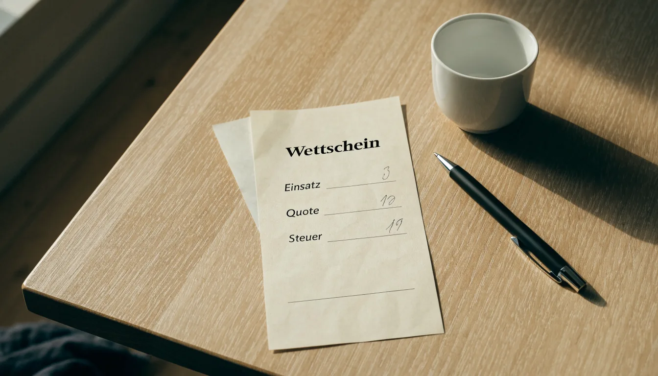Ein leerer Wettschein aus Papier liegt neben einem Kugelschreiber und einer Tasse auf einem hellen Holztisch.