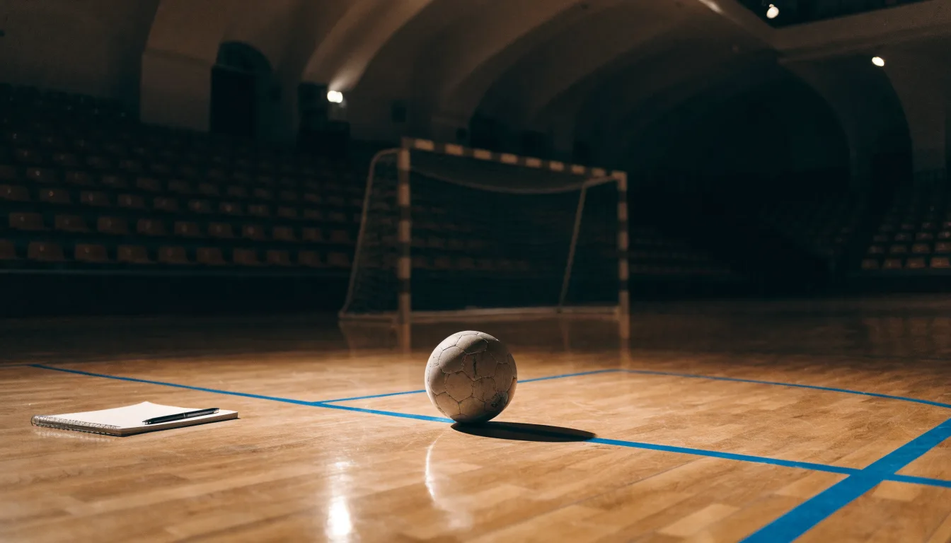 Ein kleiner schwerer Ball liegt in einer Halle auf dem Parkett vor einem Tor, warmes Licht aus den Deckenstrahlern.