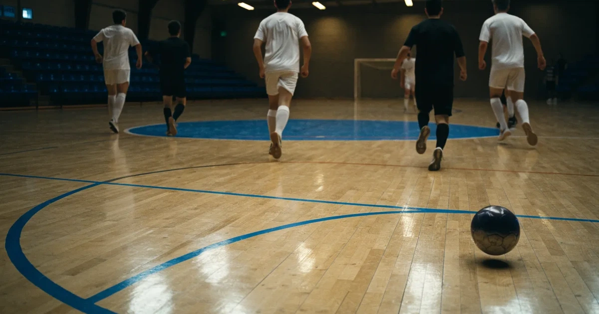 Eine leere Sporthalle mit hellem Hallenboden, kleinen Toren an beiden Enden und blauen Linien, Licht fällt von oben.