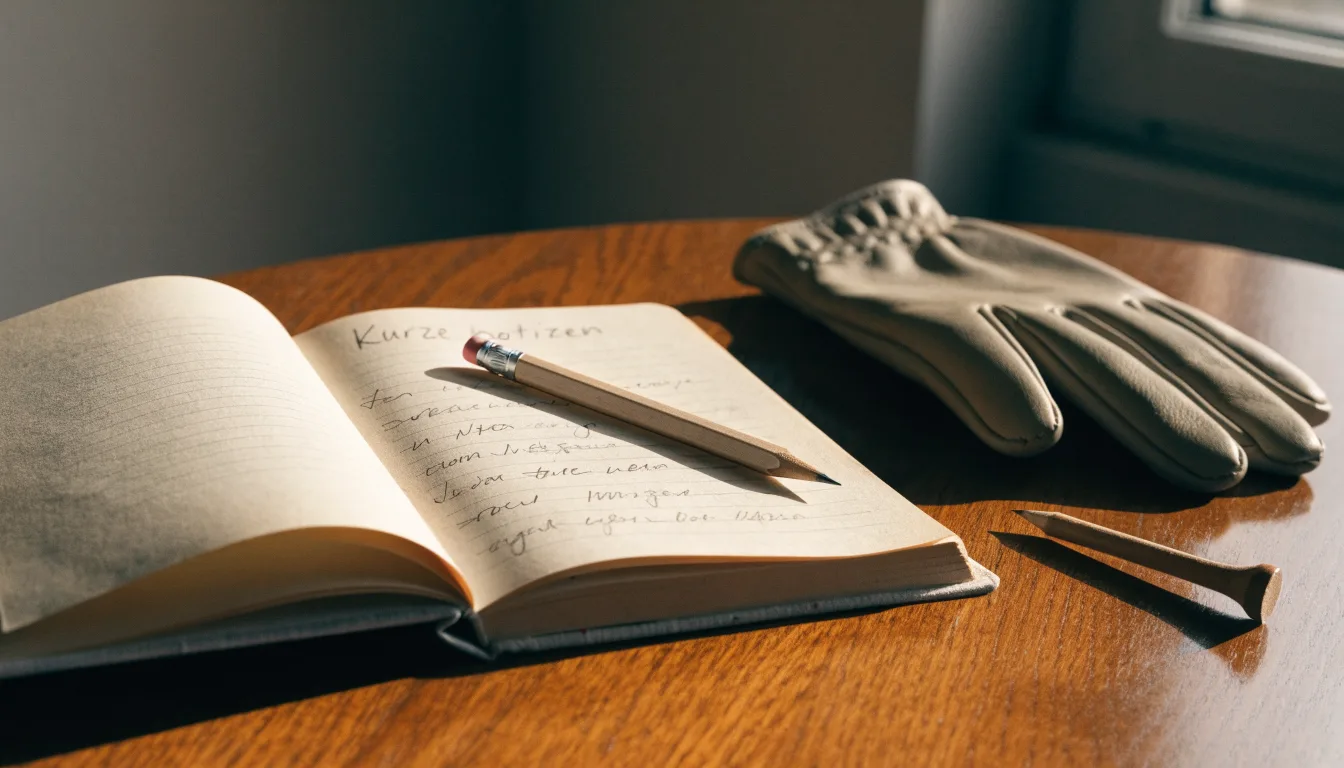 Ein Notizbuch mit handschriftlichen Notizen und ein Bleistift liegen neben einem Golfhandschuh und einem Tee auf einem Holztisch.