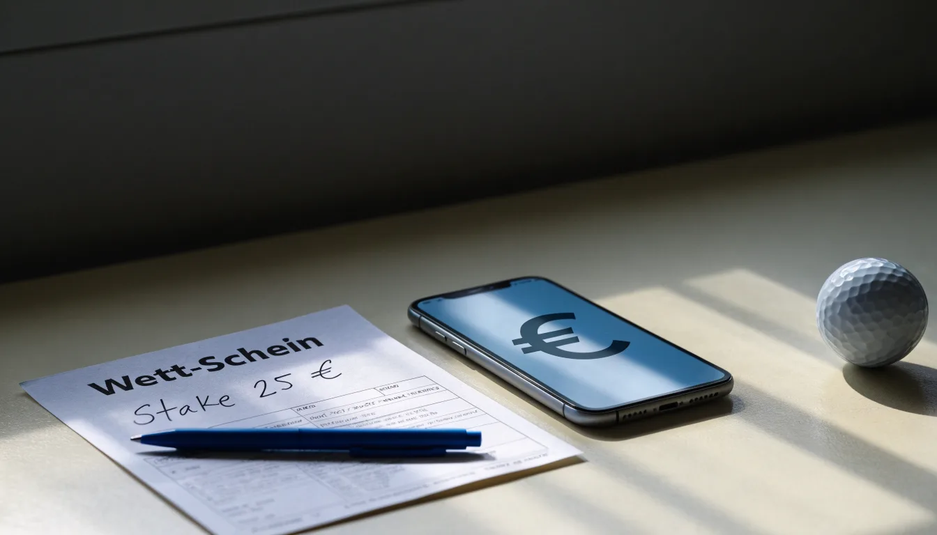 Ein leerer Wettschein aus Papier liegt neben einem Smartphone mit dunklem Display auf einem Tisch, daneben ein einzelner Golfball.