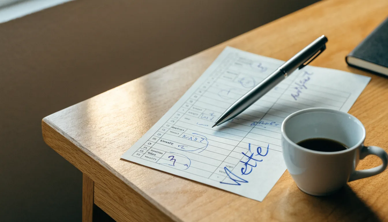 Ein leerer Wettschein aus Papier und ein Kugelschreiber liegen auf einem Schreibtisch neben einer Tasse Kaffee im Tageslicht.