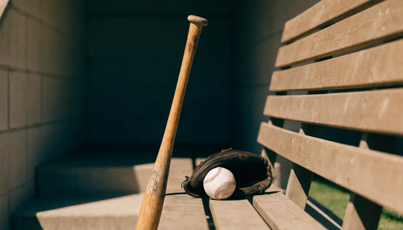 Ein Baseballschläger lehnt an einer Bank im Dugout, daneben liegen ein Handschuh und ein Ball im Licht der Nachmittagssonne.