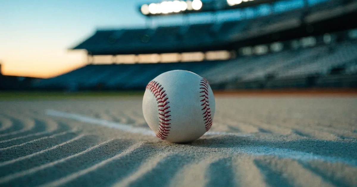 Ein Baseball liegt auf dem hellen Sand des Infields, im Hintergrund eine große Tribüne in der Abenddämmerung.