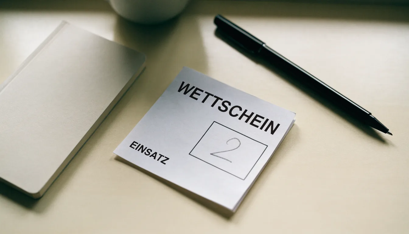 Ein leerer Wettschein aus Papier liegt neben einem Notizbuch und einem Stift auf einem aufgeräumten Schreibtisch.