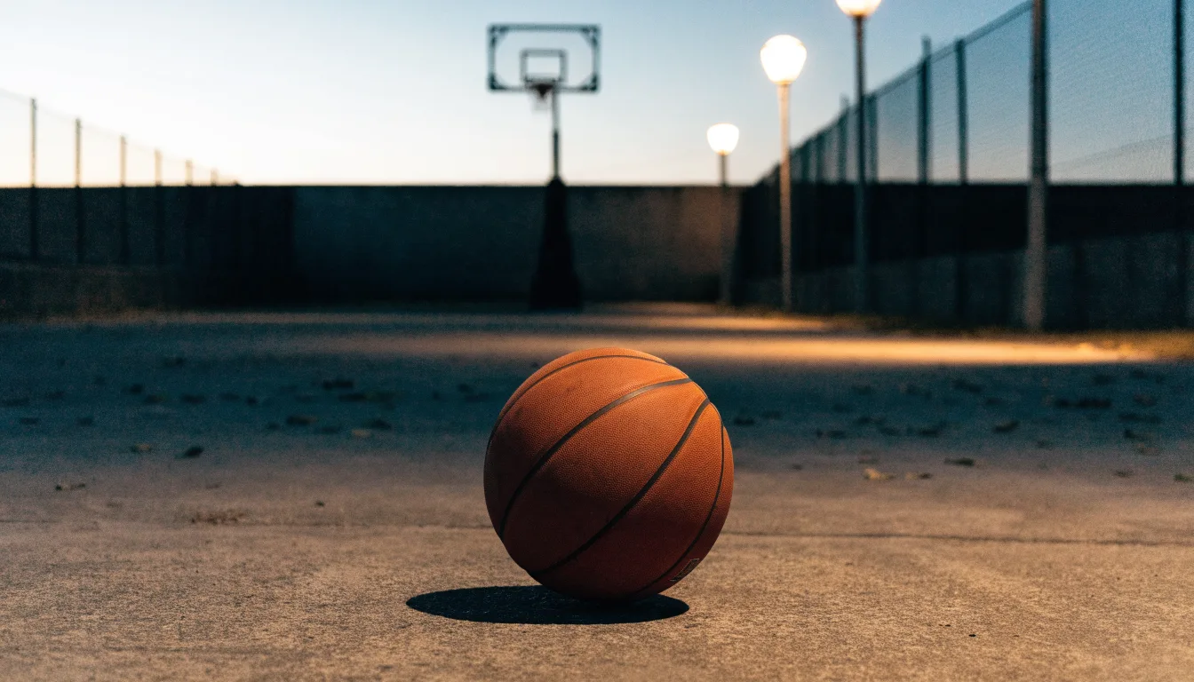 Ein Basketball rollt auf einem Freiluftplatz in der Abenddämmerung zu einem Korb, die Straßenlaternen leuchten bereits.