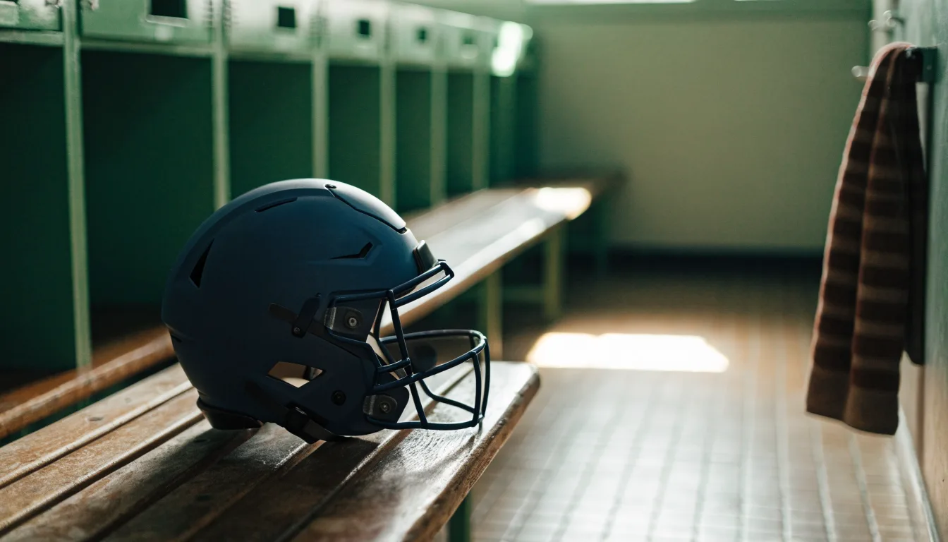 Ein neutraler Footballhelm ohne Aufdruck steht auf einer Holzbank in einer Umkleidekabine.