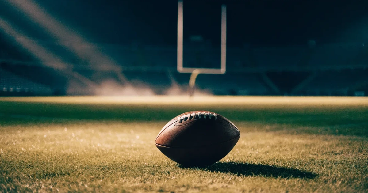 Ein American Football liegt auf dem Rasen eines leeren Stadions unter Flutlicht, die Torstangen ragen im Hintergrund auf.