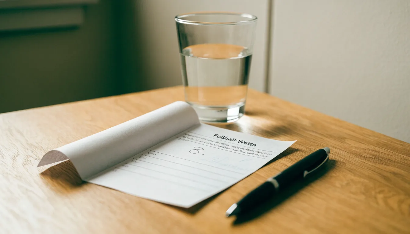 Ein leerer Wettschein aus Papier liegt neben einem Stift auf einem Tisch, daneben ein Glas Wasser.
