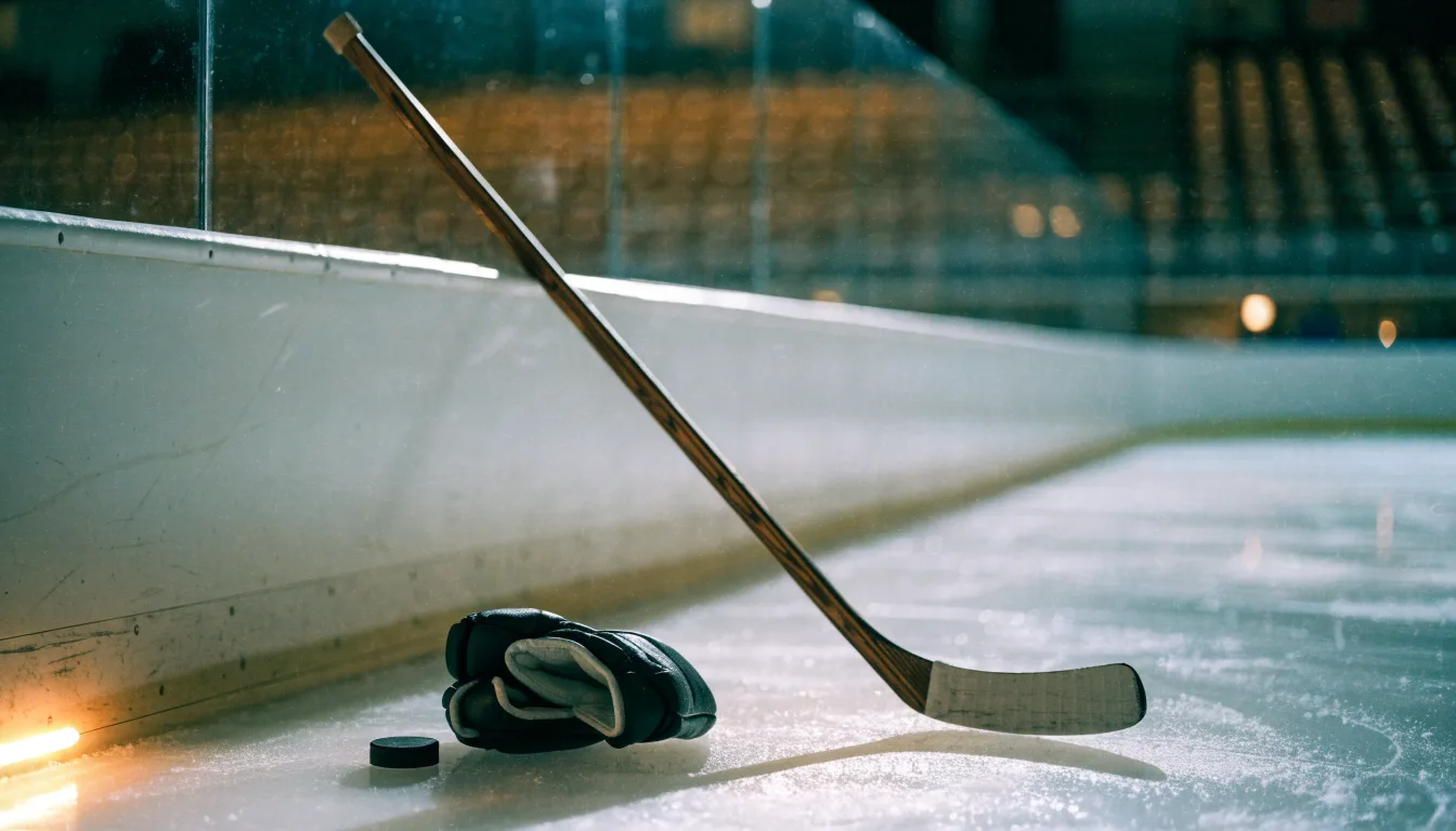 Ein Eishockeyschläger lehnt an einer Bande, daneben liegen ein Puck und ein Paar Handschuhe in einer Eishalle.