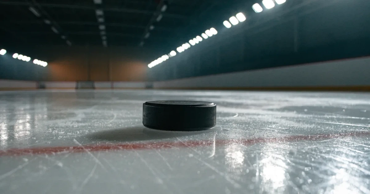 Eine leere Eisfläche in einer Halle mit Banden und Flutlicht, auf dem Eis liegt ein einzelner Puck.