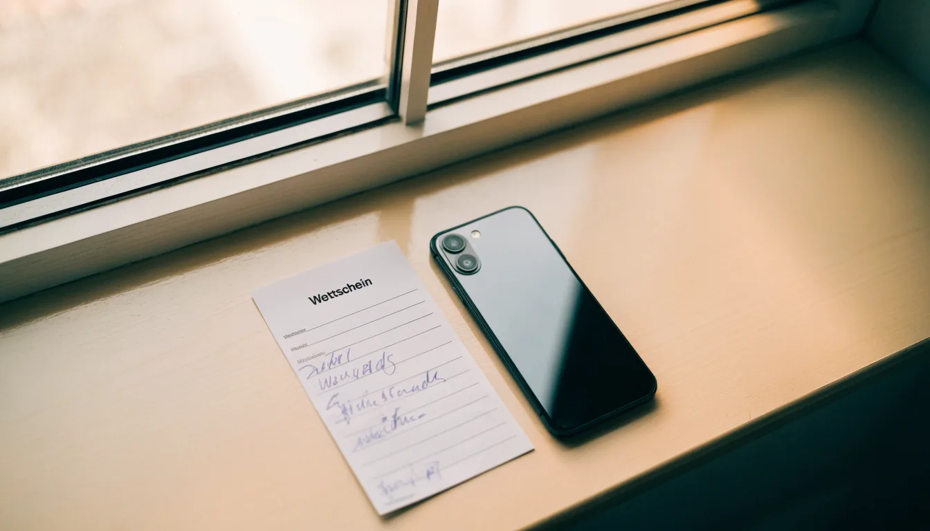 Ein leerer Wettschein aus Papier und ein Smartphone mit dunklem Display liegen auf einer Fensterbank im Tageslicht.