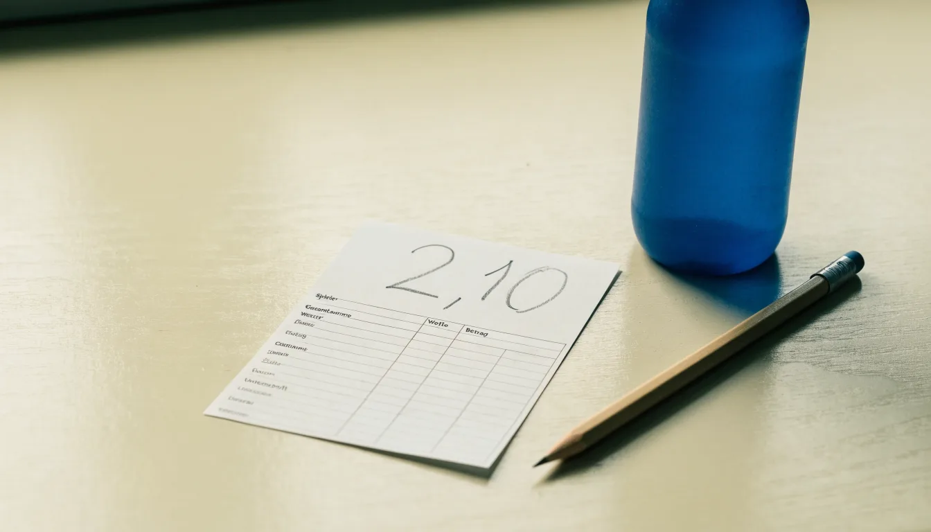 Ein leerer Wettschein aus Papier liegt neben einer Trinkflasche und einem Stift auf einem Tisch.