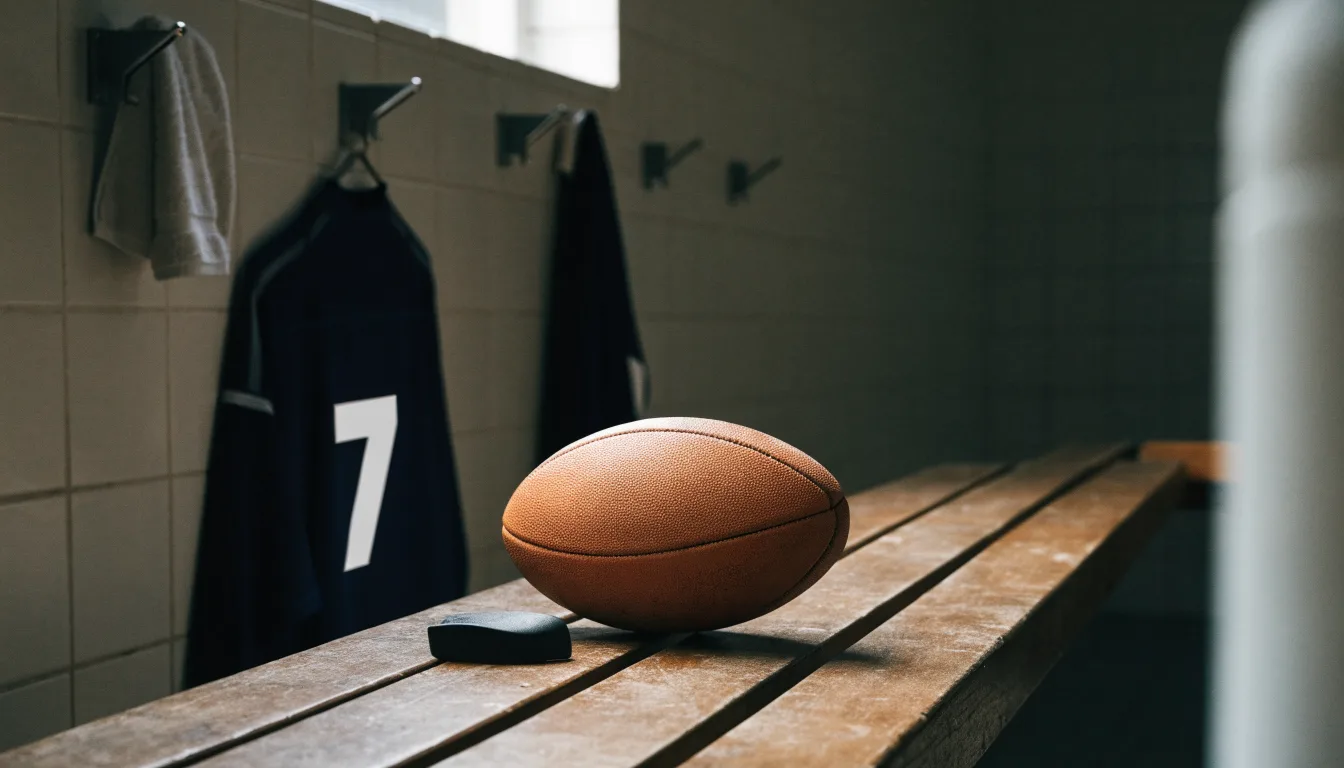 Ein Rugbyball und ein Mundschutz liegen auf einer Holzbank neben einer Reihe Kleiderhaken in einer Umkleide.