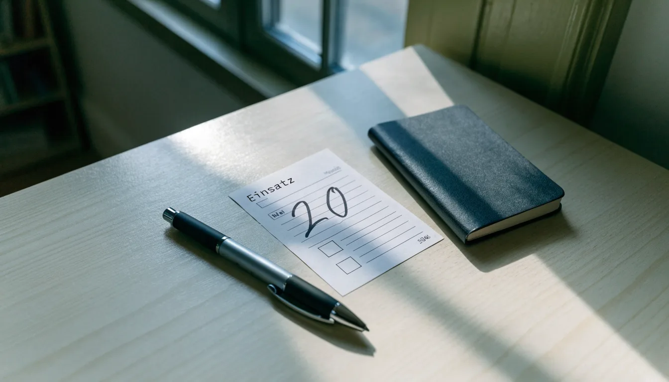 Ein leerer Wettschein aus Papier liegt neben einem Notizbuch und einem Stift auf einem Schreibtisch am Fenster.