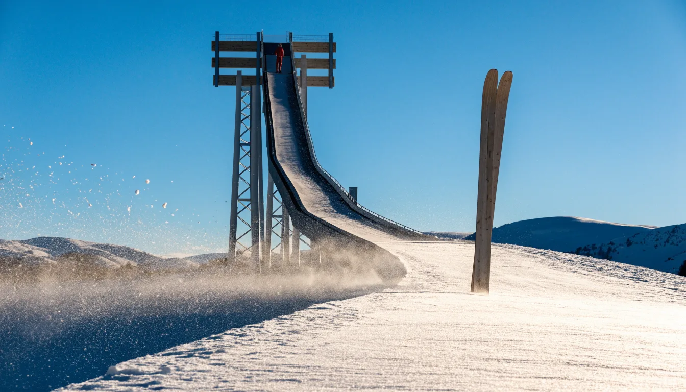 Ein Paar Skier steckt aufrecht im Schnee neben einem Anlaufturm, im Hintergrund wirbelt feiner Schnee im Wind.