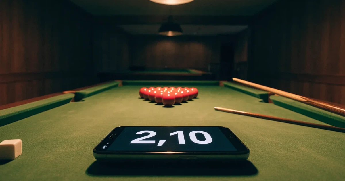 Ein Snookertisch mit grünem Tuch und aufgebauten roten Kugeln in einem abgedunkelten Raum unter einer hängenden Lampe.