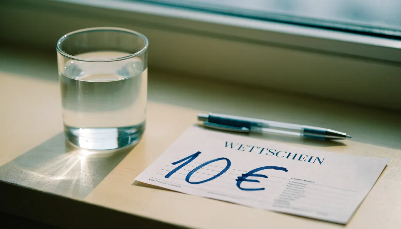 Ein leerer Wettschein aus Papier und ein Kugelschreiber liegen neben einem Glas Wasser auf einer Fensterbank.