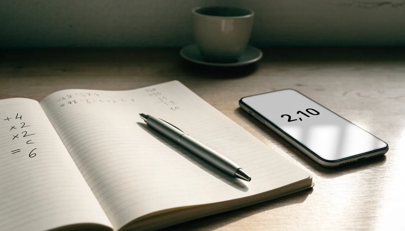 Ein aufgeschlagenes Notizbuch mit handschriftlichen Rechnungen liegt neben Stift und Smartphone auf einem Holztisch im Tageslicht.