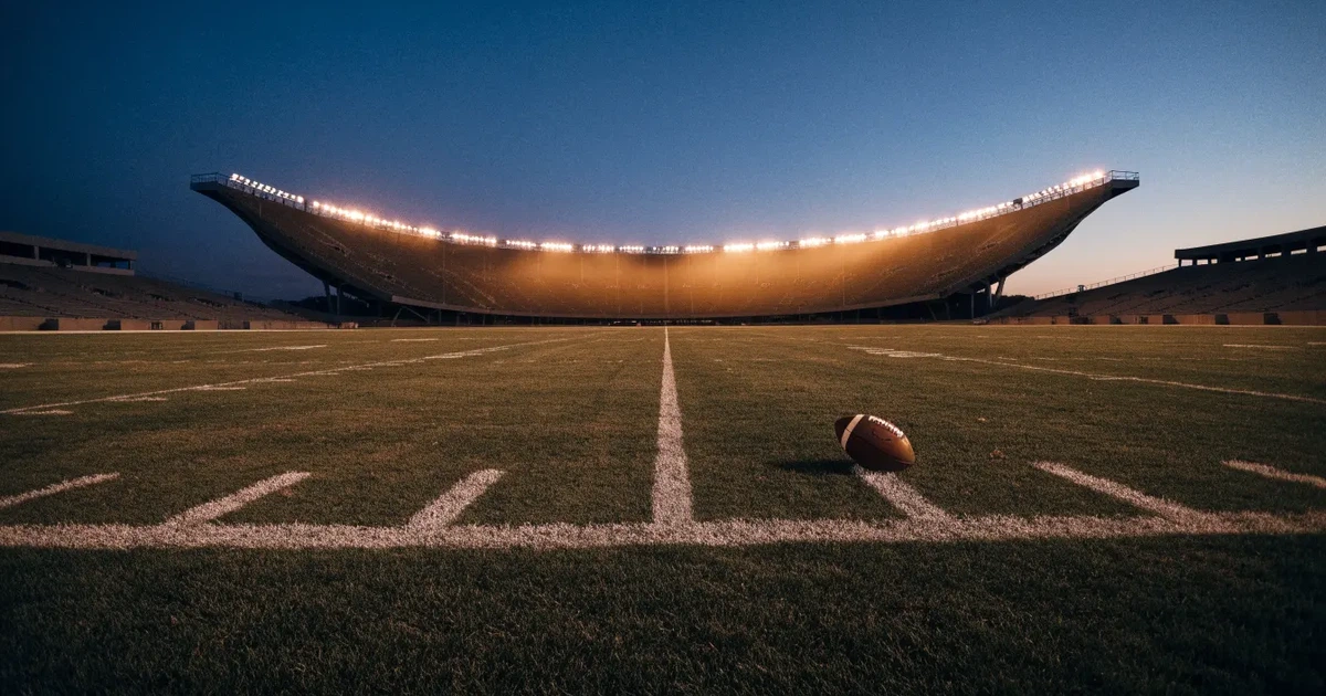 Ein Footballstadion bei Flutlicht aus der Ferne gesehen, davor ein leerer Rasen mit Yard-Linien und ein ovaler Ball am Spielfeldrand.