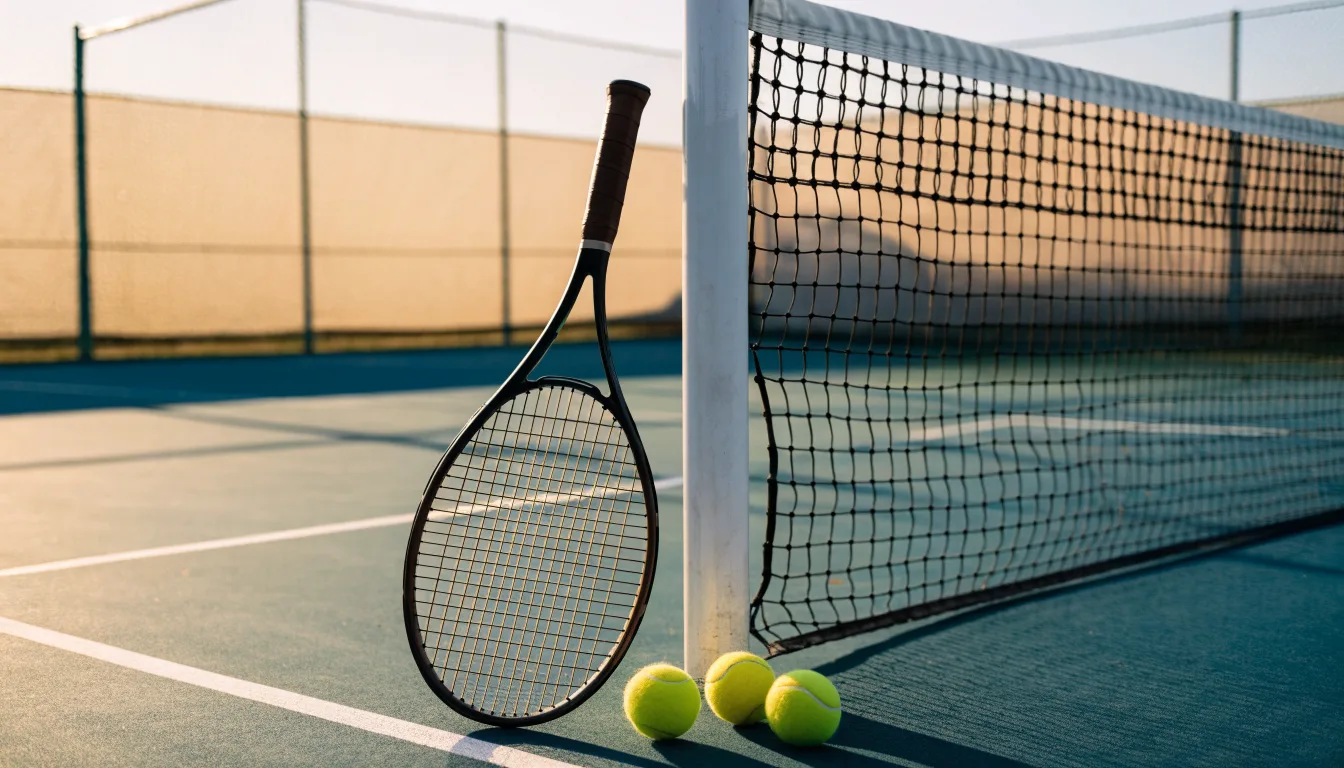Ein Tennisschläger lehnt an einem Netzpfosten, daneben liegen drei Bälle auf einem Hartplatz in warmem Nachmittagslicht.