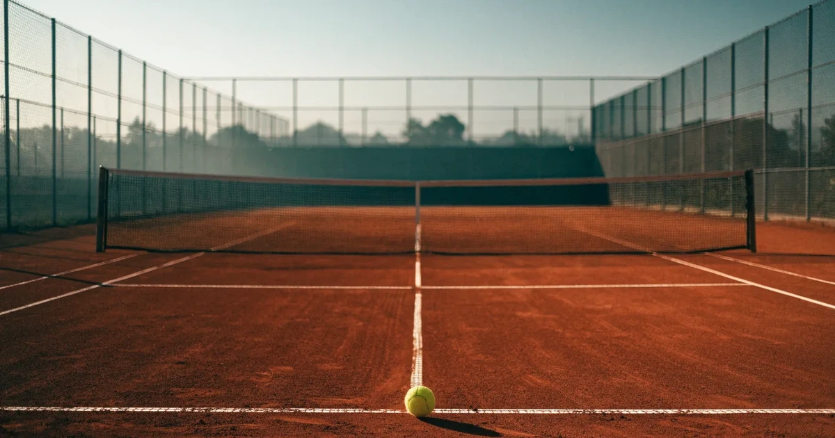 Ein Sandplatz am frühen Morgen mit frisch gezogenen Linien, einem Netz in der Mitte und einem gelben Ball auf der Grundlinie.