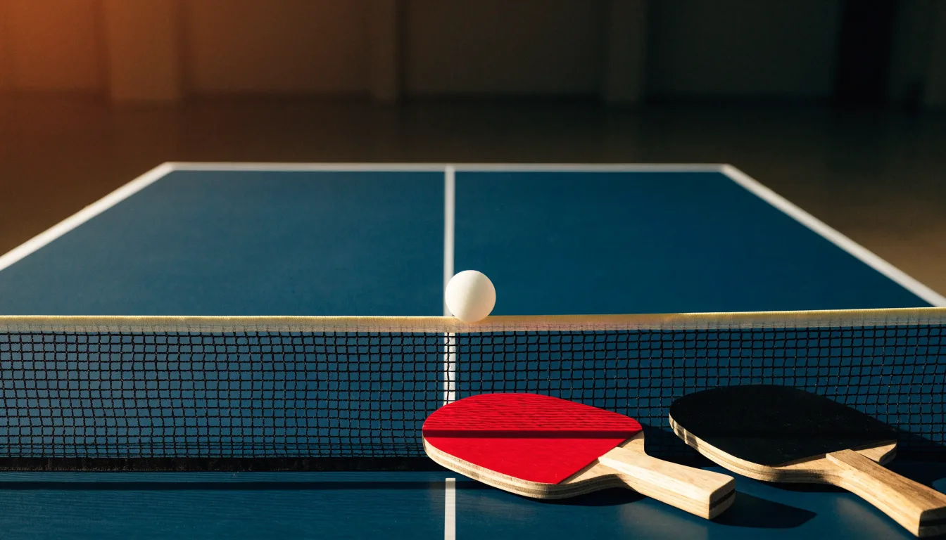 Ein weißer Ball liegt in Nahaufnahme auf der Netzkante einer Tischtennisplatte, daneben zwei Holzschläger mit rotem und schwarzem Belag.