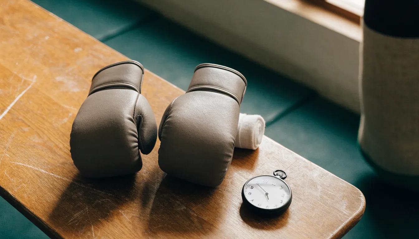 Ein Paar Kampfhandschuhe und eine Stoppuhr liegen auf einer Bank im Trainingsraum neben einer aufgerollten Handbandage.