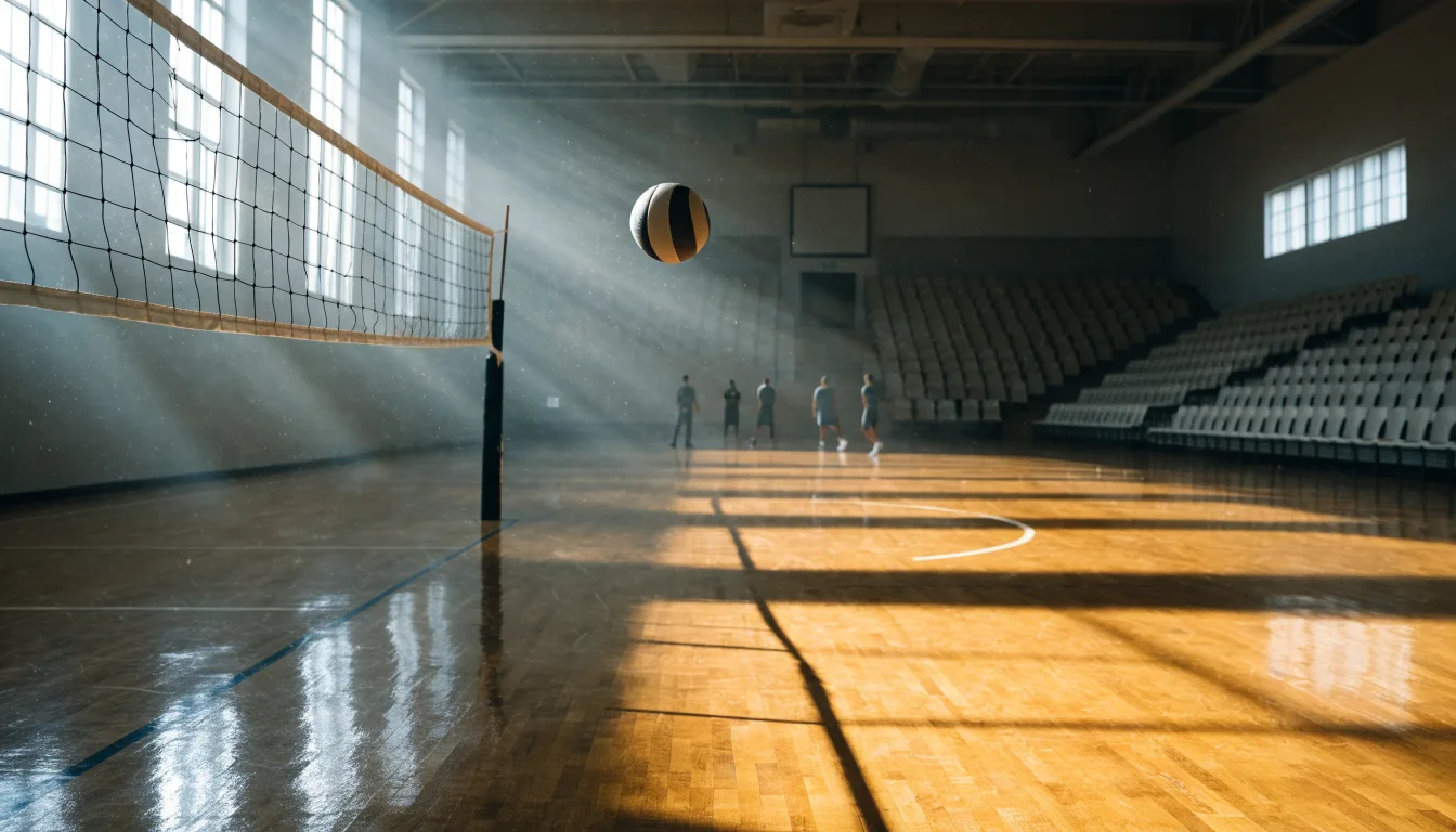 Eine leere Sporthalle mit gespanntem Volleyballnetz und glänzendem Parkett, durch hohe Fenster fällt Tageslicht.