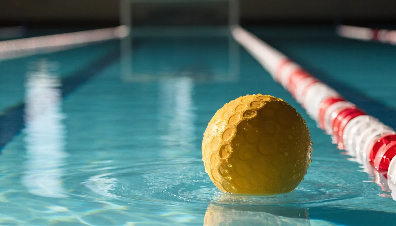 Ein gelber Wasserball treibt in Nahaufnahme auf der Wasseroberfläche neben einer Leine mit Bojen.