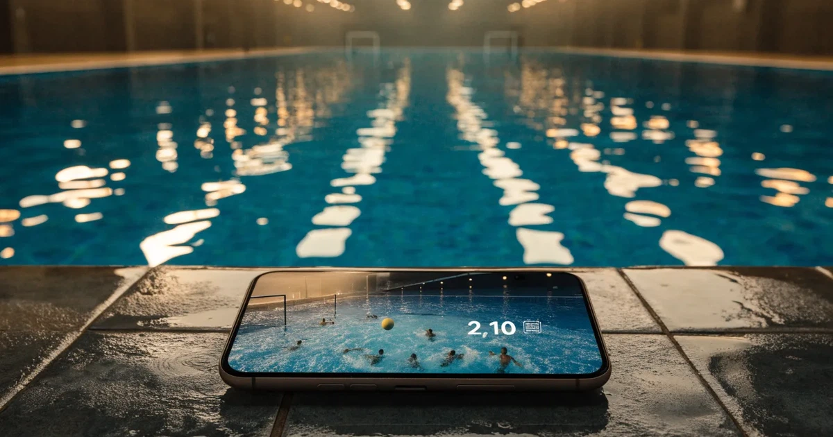 Ein Schwimmbecken mit türkisfarbenem Wasser und zwei schwimmenden Torrahmen am gegenüberliegenden Beckenrand, menschenleer unter Hallenlicht.