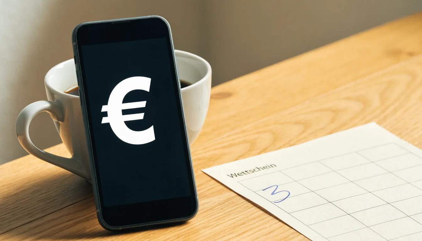 Ein Smartphone mit dunklem Bildschirm lehnt an einer Kaffeetasse auf einem Holztisch, daneben ein blanker Papier-Wettschein.