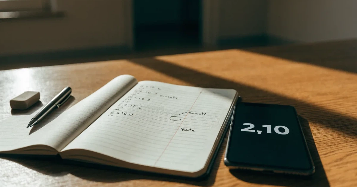 Ein Notizbuch mit handgezeichneten Kurven und Strichlisten liegt aufgeschlagen neben Bleistift und Radiergummi auf einem Schreibtisch im Tageslicht.