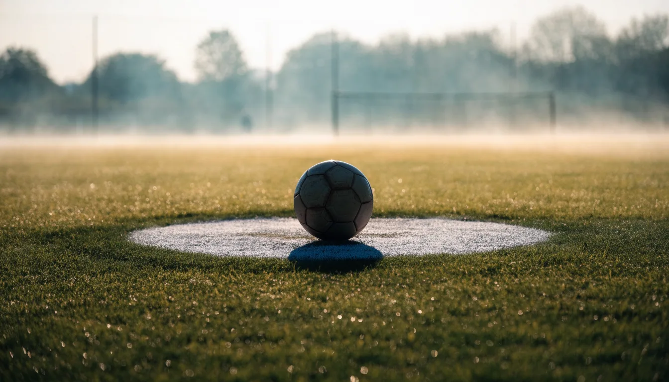 Ein Fußball liegt auf dem Anstoßpunkt eines Rasenplatzes im ersten Morgenlicht, Tau glänzt auf dem Gras.