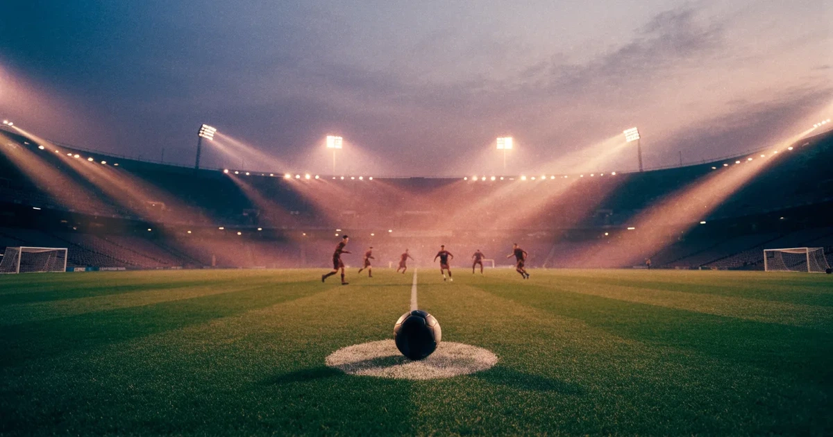 Ein Rasenplatz in der Dämmerung mit eingeschalteten Flutlichtmasten, ein Ball liegt am Anstoßpunkt, die Tribünen im Hintergrund sind unscharf.